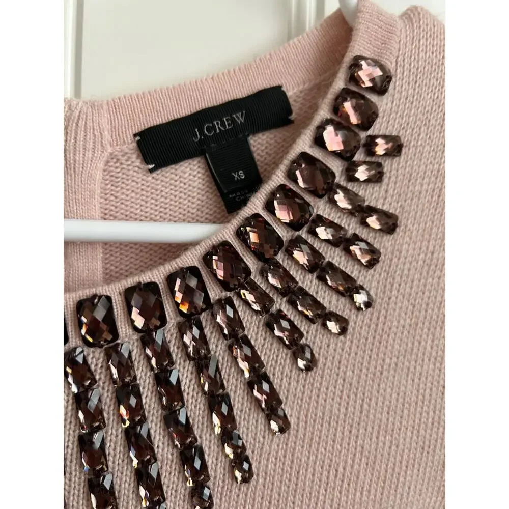 J Crew Starburst Jeweled Collar Sweater XS Blush Pink Wool Rabbit Back Zip 3/4